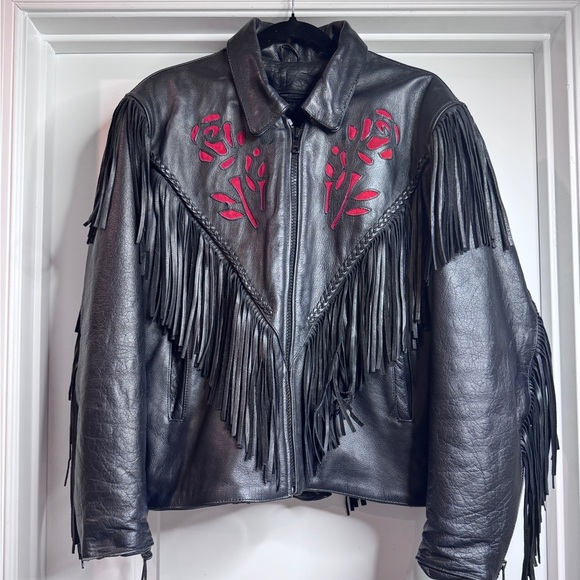 Vintage Unik Leather Fringe Motorcycle Coat for Men / Women Size Large w/ Liner - Picture 4 of 11